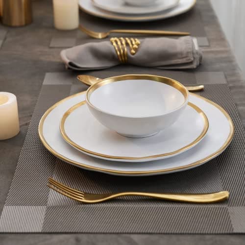 Luxury Gold Rim Porcelain Plate & Bowl Sets, 12-Piece Dinnerware for 4, No Microwave Safe