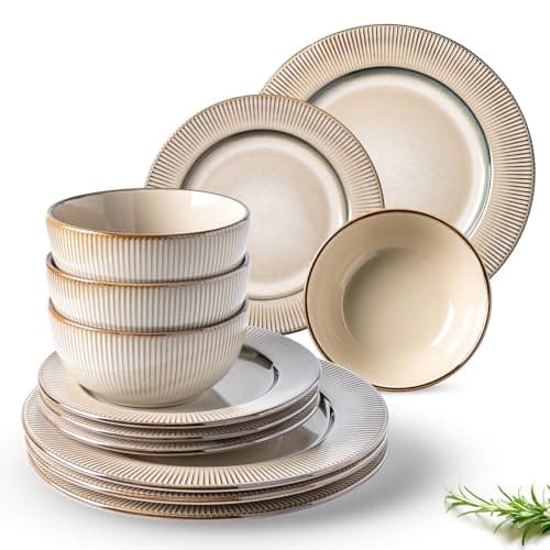 GBHOME Elegant Stoneware Dinnerware Set, 12-Piece Embossed Plates & Bowls | Safe for Dishwasher & Microwave | Ideal Hous — Cappuccino