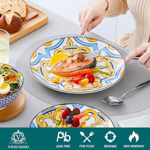 Vancasso Jasmin Hand-Painted Arabic Series Porcelain Dinnerware Set - 12 Piece Bowls and Plates