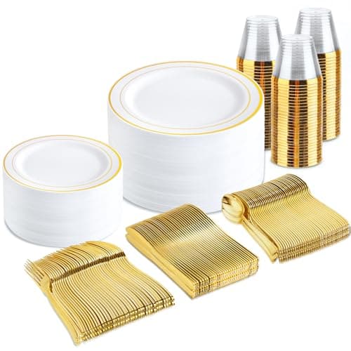 B UCLA 350PCS Gold Plastic Dinnerware Set for 50 Guests Party Supplies — Gold