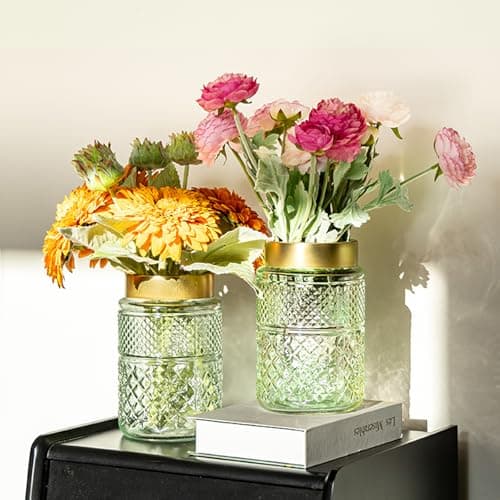 2-Pack Green Fluted Glass Vase with Golden Top, Stylish Decor for Home Centerpieces