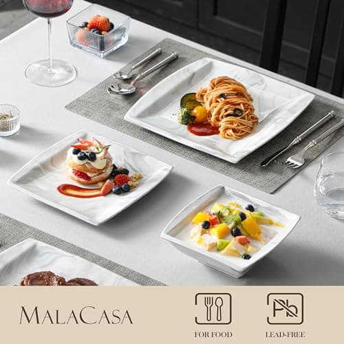 MALACASA 12-Piece Marble Grey Dinnerware Set for 4 - Square Plates and Bowls for Dessert, Salad, and Soup