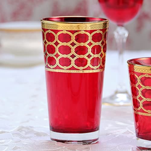 Lorren Home Trends Deep Red High Ball Glasses with Gold Rings, Set of 4