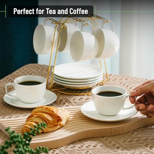 6-Piece Porcelain Tea Cup and Saucer Set, Floral Design (7oz)