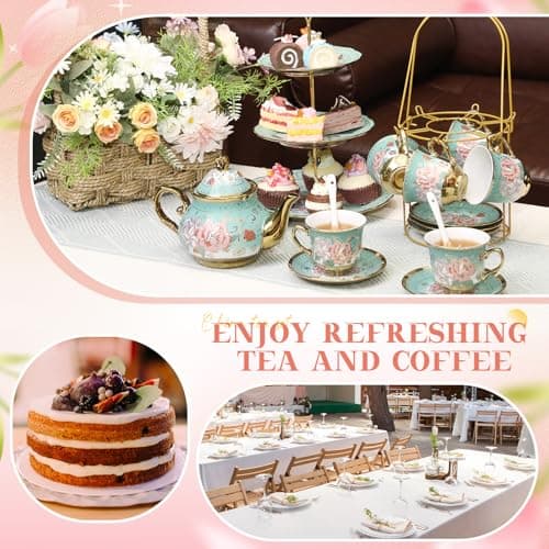 21pcs Green Porcelain Teapot Set Cupcake Stand Ceramic Tea Cups Saucers for Women Tea Parties Gifts
