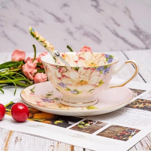ONEUSTAR Pink Vintage Floral Bone China Tea Cup and Saucer Set