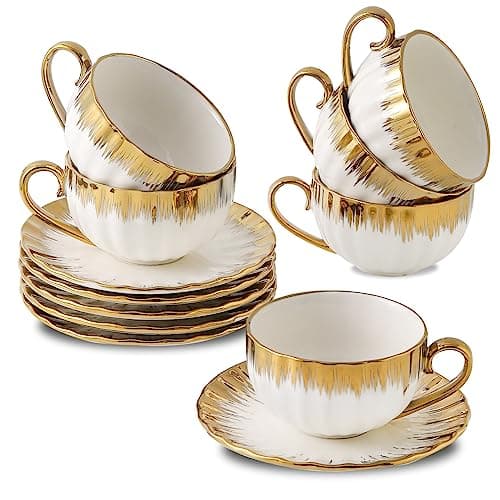 LETAOTAO 7 oz Porcelain Cappuccino Cups Set with Saucers - 6 Tea and Coffee Cups with Gold Trim