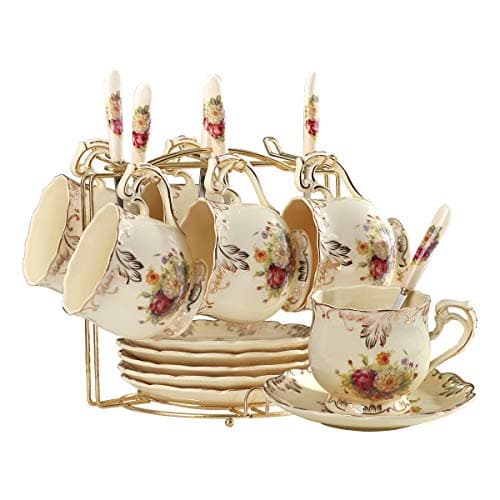 YOLIFE Ivory Pink Rose Vintage Floral Porcelain Tea & Coffee Set of 6 — Flower Shrubs