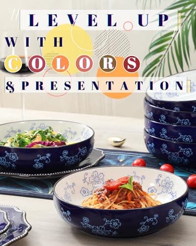Sakura Floral Series Midnight Blue Porcelain Pasta Bowls Set of 6 - 40 Oz, Large Colorful Salad Pasta Bowls