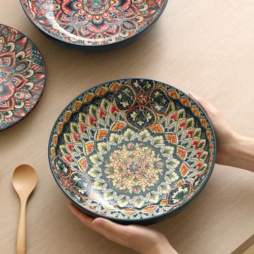Colorful Bohemian Ceramic Pasta Bowl Set of 2, 10.2inch Serving Bowls
