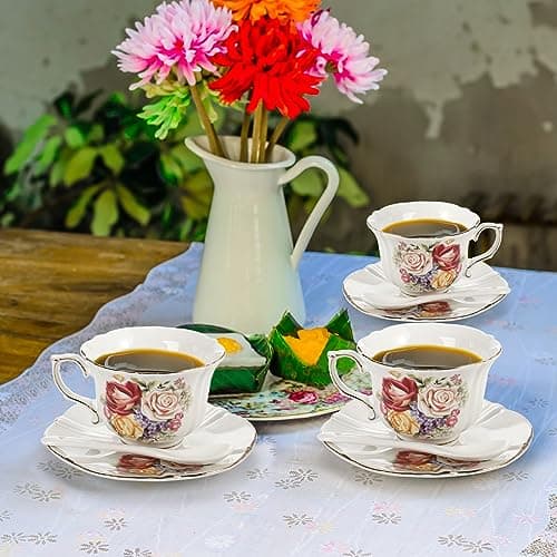 Vintage Rose Tea Cups and Saucers Set, 8 OZ Ceramic with Gold Trim for Tea Party
