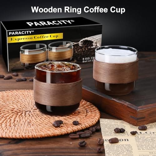 Small Clear Espresso Cups Set of 2 with Wooden Ring - 5 OZ