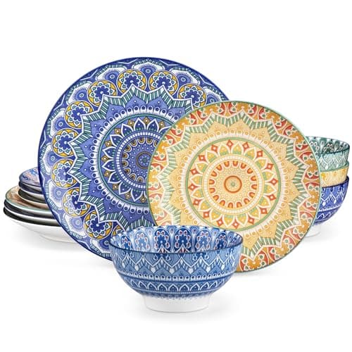 Vancasso Jasmin Hand-Painted Arabic Series Porcelain Dinnerware Set - 12 Piece Bowls and Plates — Mandala-multicolor