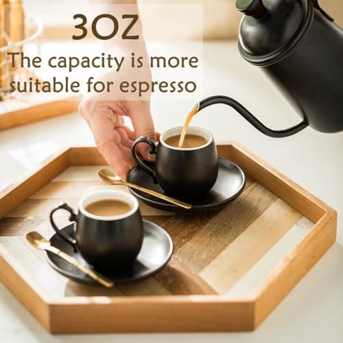 LYEOBOH Black Ceramic Espresso Cup Set with Spoons & Stand, 3 oz Demitasse Mugs