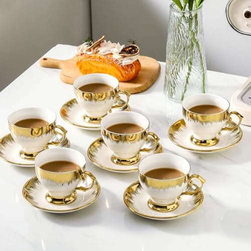 LETAOTAO Gold Trimmed Ceramic Coffee Cup Set 6pcs 7 oz