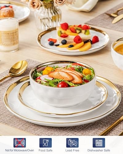 LOVECASA White and Gold Porcelain Dinnerware Set, 12-Piece Plate and Bowl Kit, Dishwasher Safe