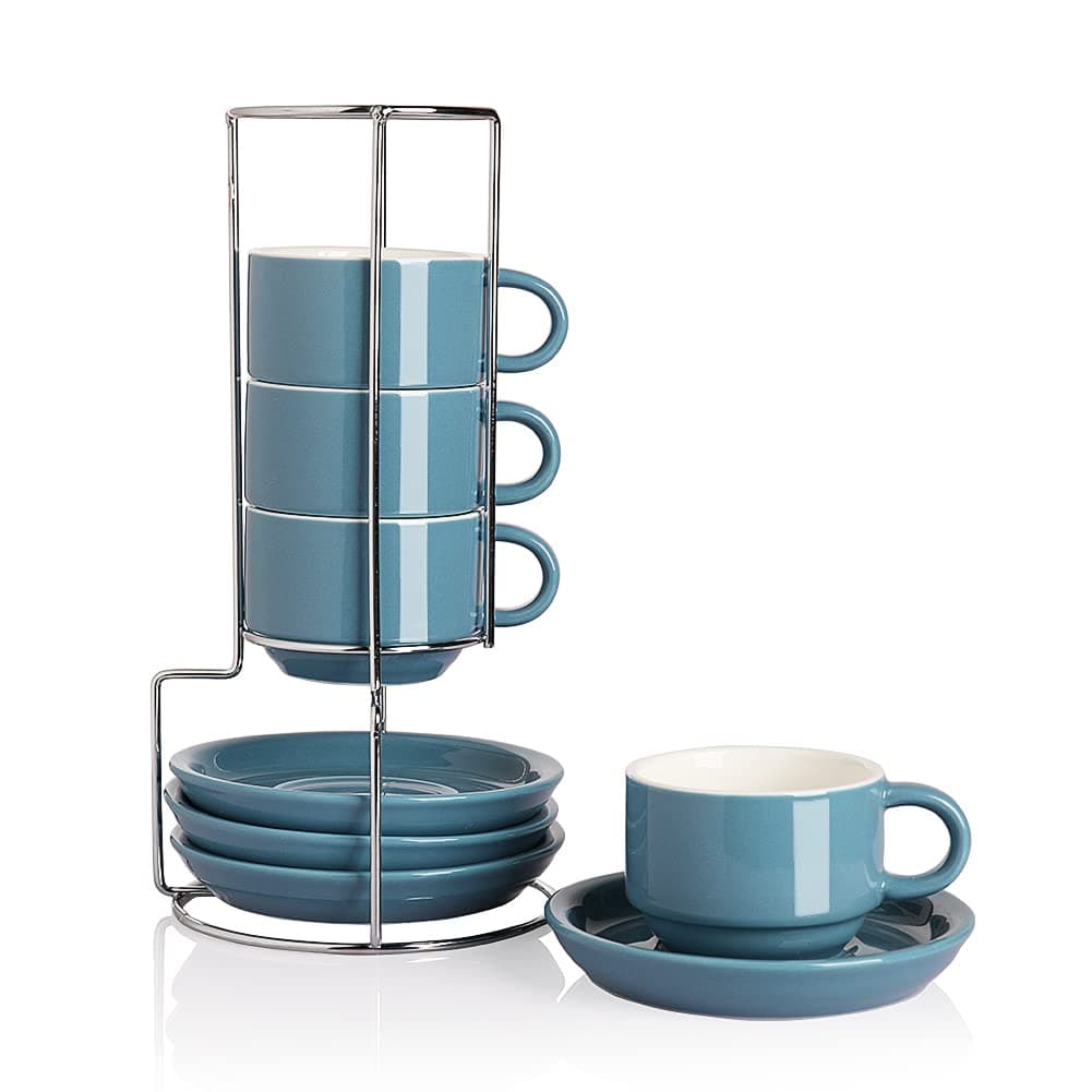 Sweejar Fog Blue Espresso Cups with Saucers - Set of 4