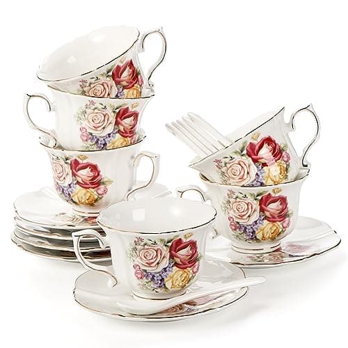 Vintage Rose Tea Cups and Saucers Set, 8 OZ Ceramic with Gold Trim for Tea Party