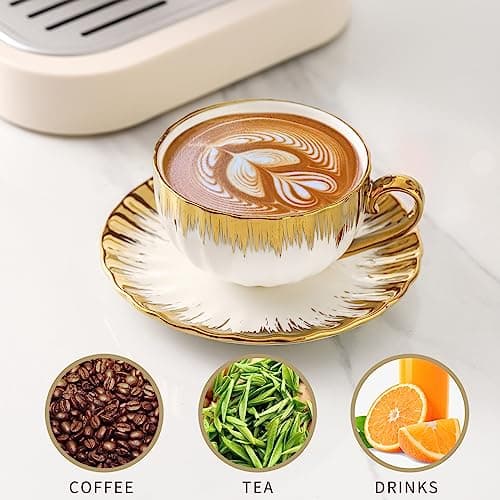 LETAOTAO 7 oz Porcelain Cappuccino Cups Set with Saucers - 6 Tea and Coffee Cups with Gold Trim