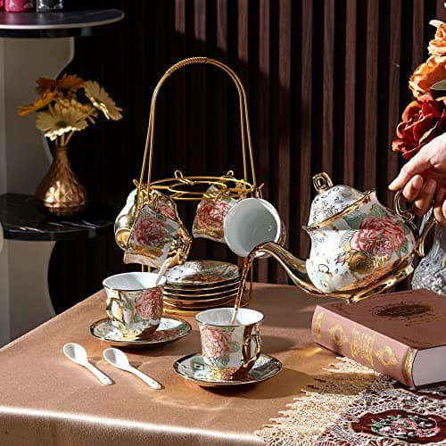 20 Piece Porcelain Tea Set with Metal Holder for Women with Flower Painting, Large Version