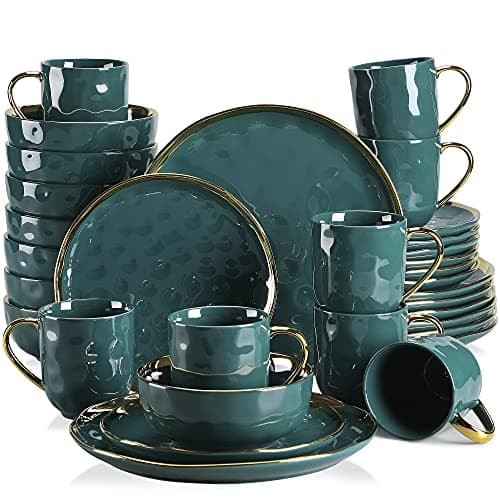 LOVECASA White and Gold Porcelain Dinnerware Set, 12-Piece Plate and Bowl Kit, Dishwasher Safe — Blackish Green and Gold
