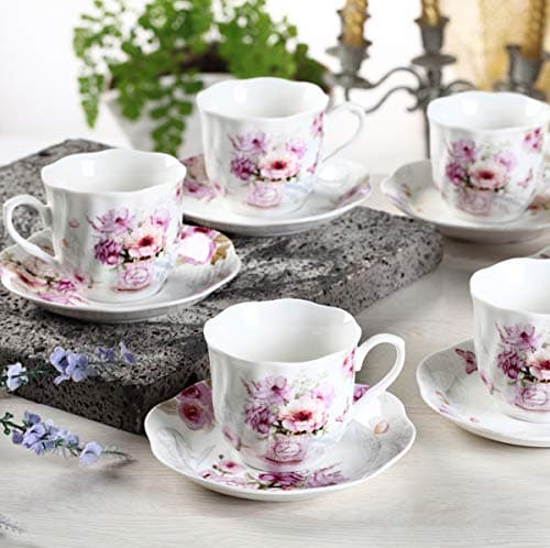 GuangYang Purple Floral Porcelain Tea Cups & Saucers Set of 6 (7oz) - Tea Gift for Adults