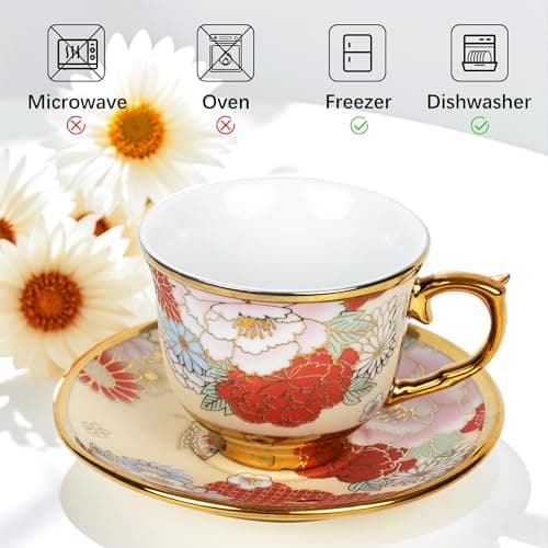 Set of 8 Vintage Floral Tea Cups with Saucers and Gold Spoons for Afternoon Tea