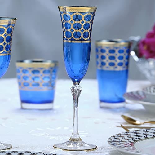 Lorren Home Trends Cobalt Blue Champagne Flutes with Gold Rings, 4-Piece Set