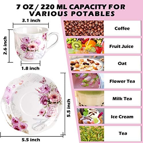 GuangYang Purple Floral Porcelain Tea Cups & Saucers Set of 6 (7oz) - Tea Gift for Adults