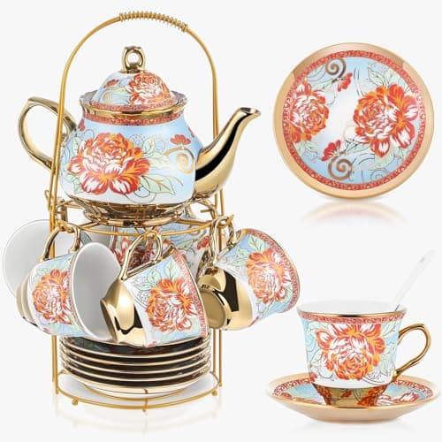20 Piece Porcelain Tea Set with Metal Holder for Women with Flower Painting, Large Version — Retro Style