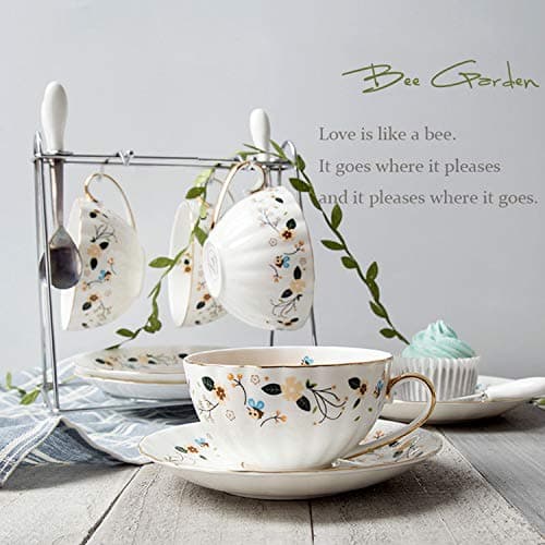 European Royal Porcelain Tea Cup & Coffee Set, 2 Tea Cups & 2 Coffee Mugs with Saucers & Spoons & Gift Box
