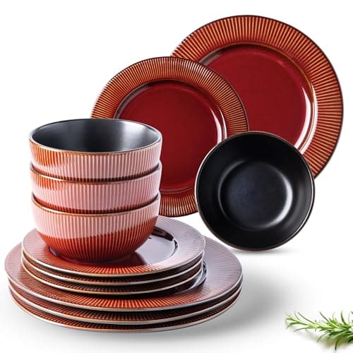 GBHOME Elegant Stoneware Dinnerware Set, 12-Piece Embossed Plates & Bowls | Safe for Dishwasher & Microwave | Ideal Hous — Rythmic red