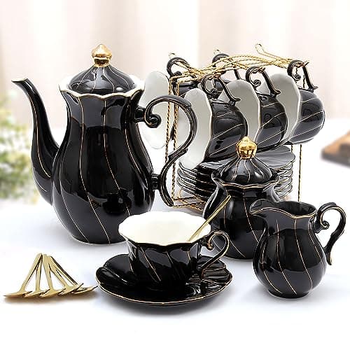 DUJUST 22 Piece Pink Luxury Tea/Coffee Set, Golden Trim, Perfect Gift for Women — Elegant Black
