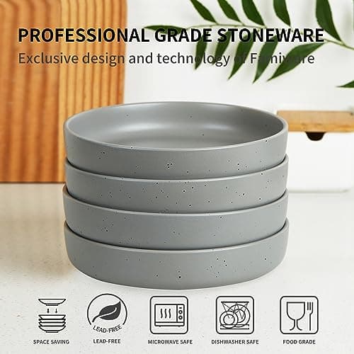 Famiware 8.5" Dawn Speckled Stoneware Pasta Bowl Set, Dark Gray, Set of 4