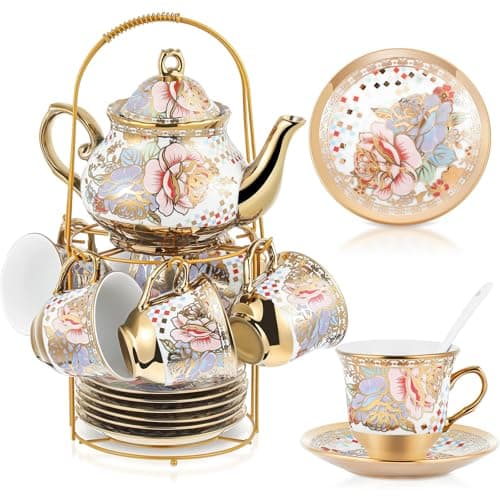 20 Piece Porcelain Tea Set with Metal Holder for Women with Flower Painting, Large Version — Rustic Style