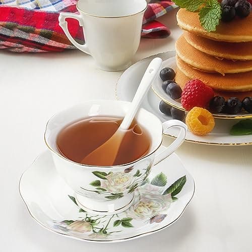 Foraineam Porcelain Ivory Tea Cup and Saucer Set, Gold Trim, 6 Pieces
