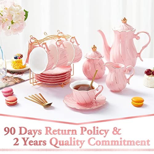 DUJUST 22 Piece Pink Luxury Tea/Coffee Set, Golden Trim, Perfect Gift for Women