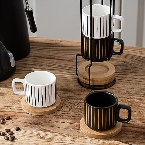 Luka Porcelain Espresso Cup Set of 4, White & Black, 4 Ounce