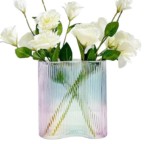Aoderun Footprint Shape Ribbed Glass Vase for Flowers, Modern Large Vase for Living Room Dining&Coffee Table Kitchen Office Home Shelf Wedding Party Decor (Iridescent Clear)