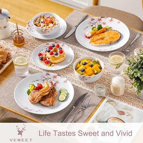 VEWEET Pink Floral Porcelain Dinnerware Set for 4, 12 Pieces Annabelle Series