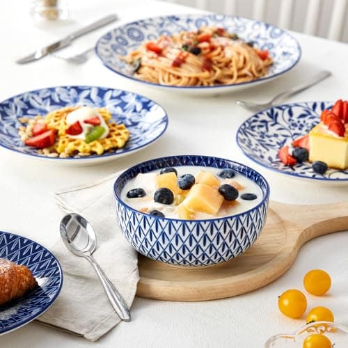 Vancasso SELENE 4-Piece Plates and Bowls Set, Microwave & Dishwasher Safe Porcelain Blue