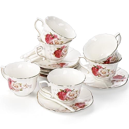 Foraineam 6-Piece Porcelain Tea Set, Ivory Rose Cups & Saucers, Gold Trimmed Latte & Espresso Mugs