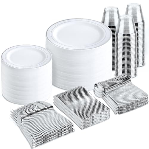 B UCLA 350PCS Gold Plastic Dinnerware Set for 50 Guests Party Supplies — Silver