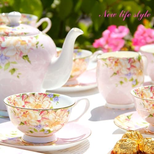 ONEUSTAR Pink Vintage Floral Bone China Tea Cup and Saucer Set