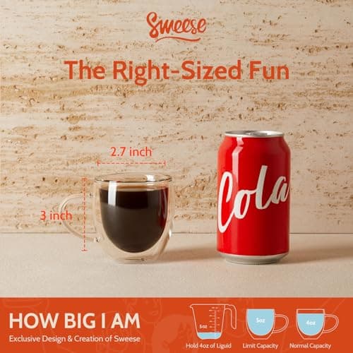 Sweese 5oz Double Wall Glass Espresso Cups, Set of 4, Clear Perfect for Cappuccino, Latte, Tea