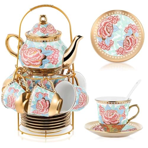 20 Piece Porcelain Tea Set with Metal Holder for Women with Flower Painting, Large Version — Vintage Style