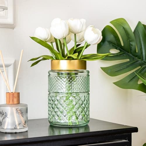 2-Pack Green Fluted Glass Vase with Golden Top, Stylish Decor for Home Centerpieces
