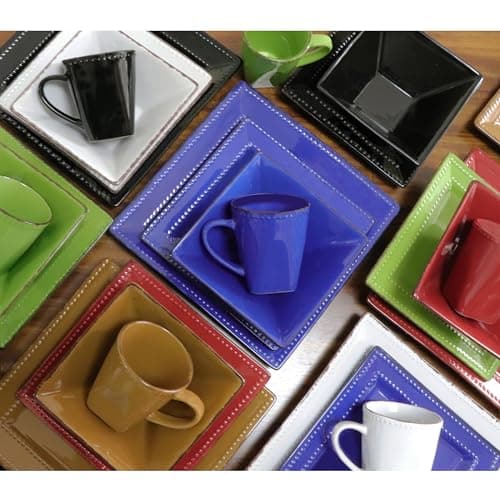 Square Beaded Stoneware Dinnerware Set, 16 Pieces, Blue