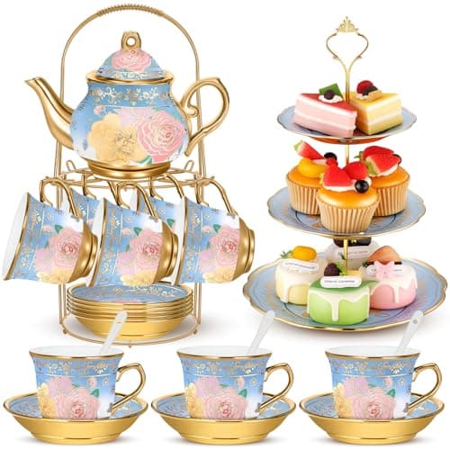 21pcs Green Porcelain Teapot Set Cupcake Stand Ceramic Tea Cups Saucers for Women Tea Parties Gifts — Blue