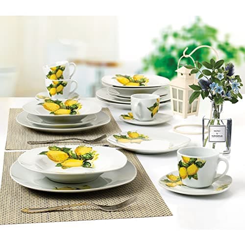 Lorren Home Trends Porcelain 20-Piece Square Dinnerware Set for 4 - Lemon Design, Yellow